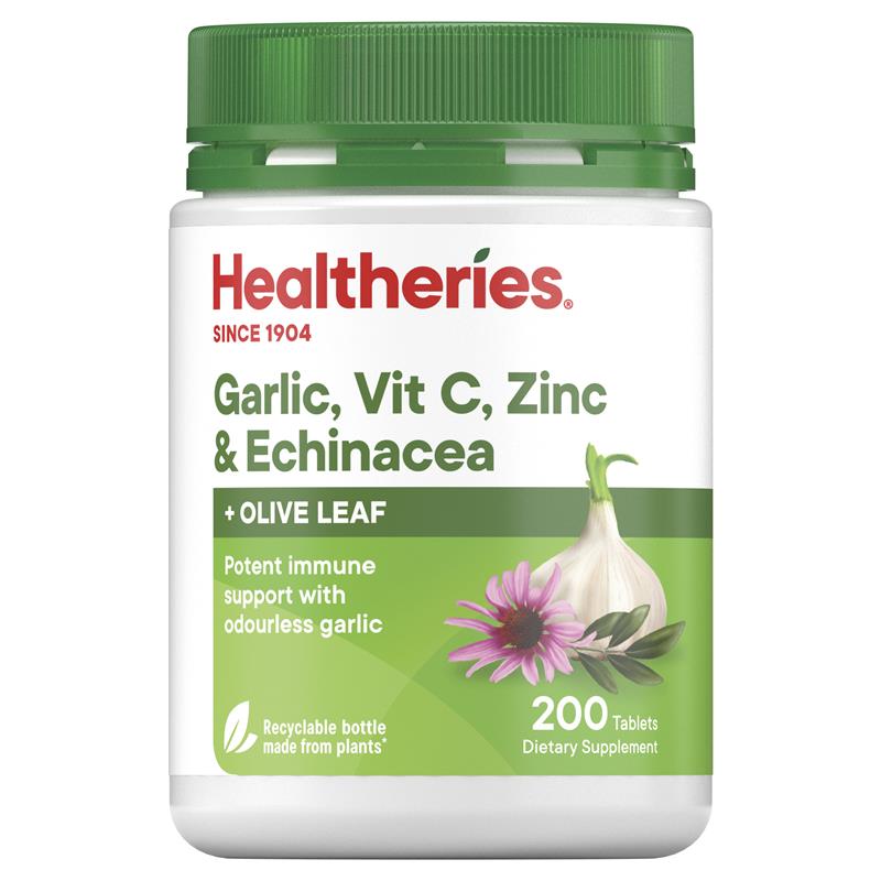 Healtheries Garlic, Vit C, Zinc & Echinacea + Olive Leaf,大蒜紫錐花免疫配方 200粒