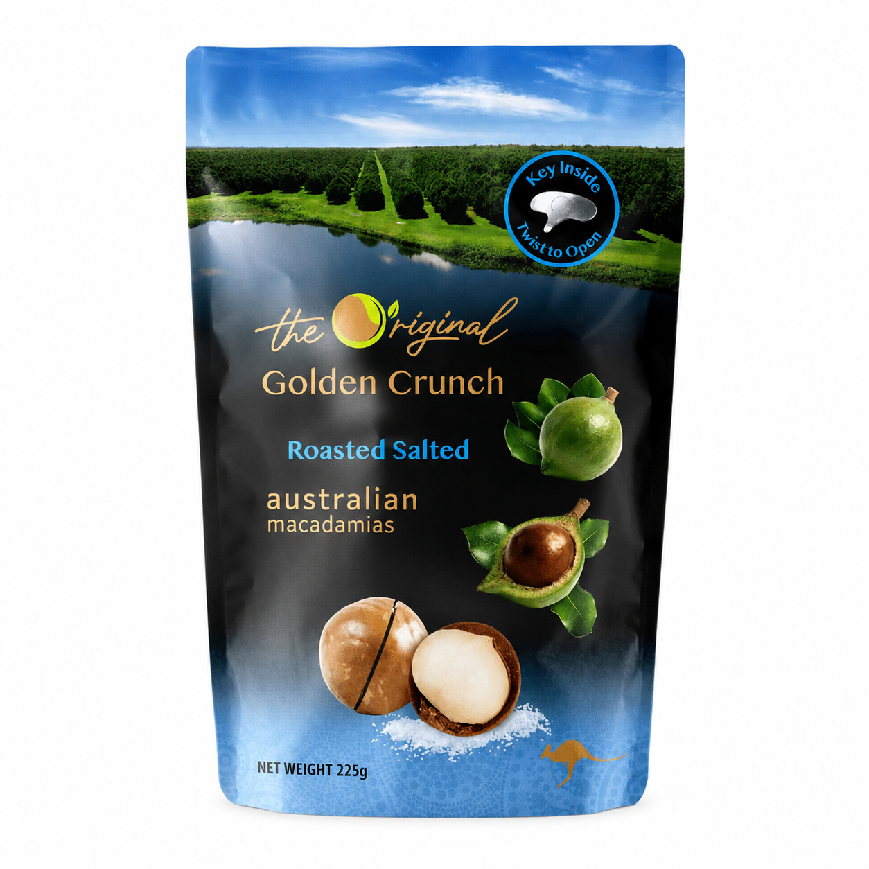 Golden Crunch Macadamias, Roasted Salted Macadamia Nuts in Shell 225g (with Sheller)