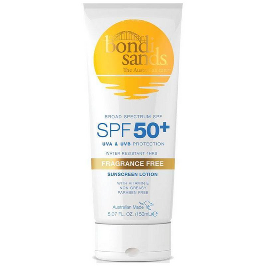 Bondi Sands SPF 50+ Sunscreen Lotion, fragrance-free 150ml tube, water-resistant for 4 hours, UVA & UVB protection, non-greasy.