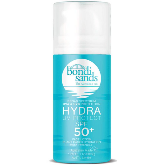 Bondi Sands Hydra UV Protect SPF 50+ Face Lotion 50ml bottle for UVA and UVB protection with plant-based hydration