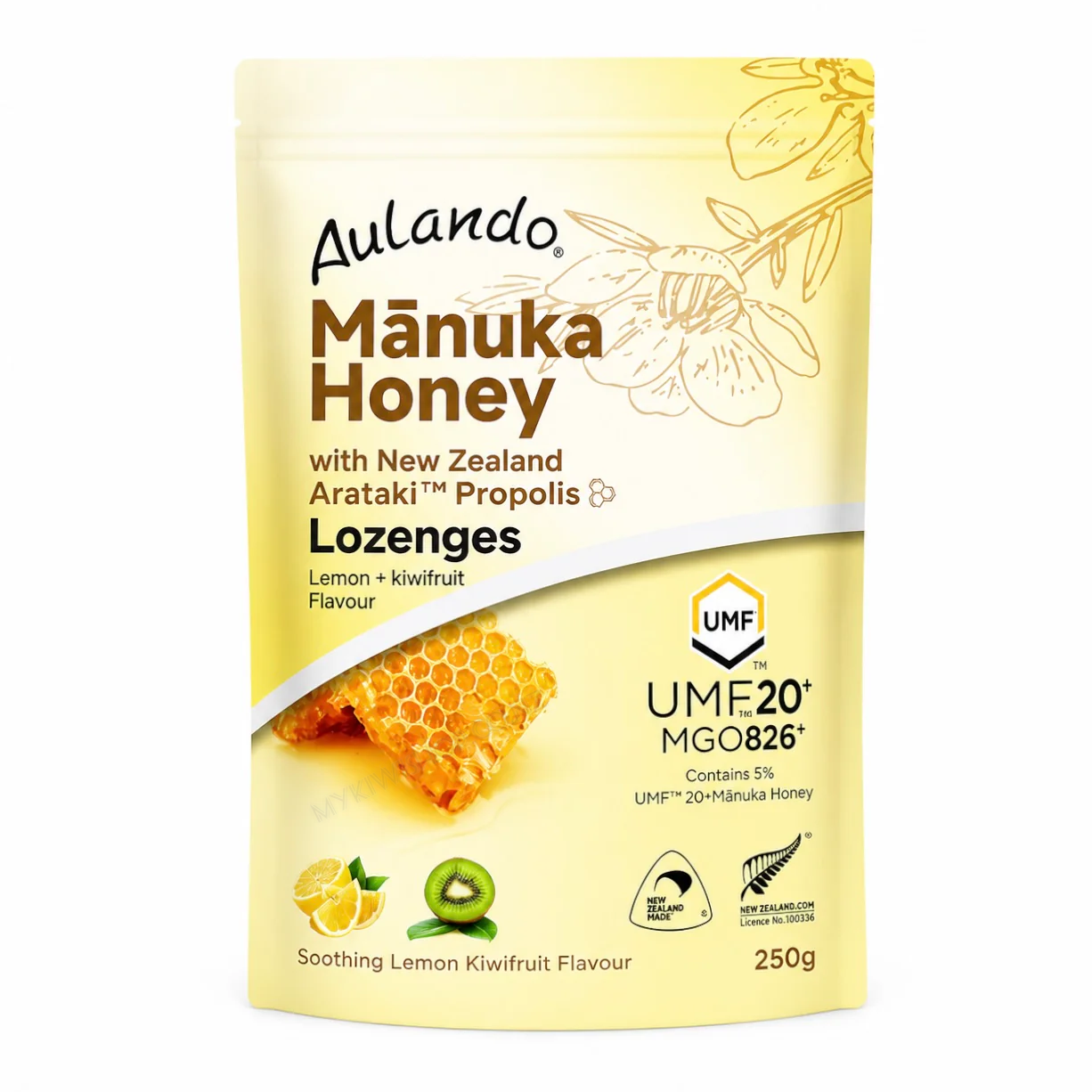Watermarked - Aulando 紐西蘭麥蘆卡蜂蜜UMF20+ 蜂膠糖 檸檬奇異果口味 250g