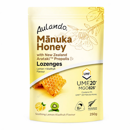Watermarked - Aulando 紐西蘭麥蘆卡蜂蜜UMF20+ 蜂膠糖 檸檬奇異果口味 250g